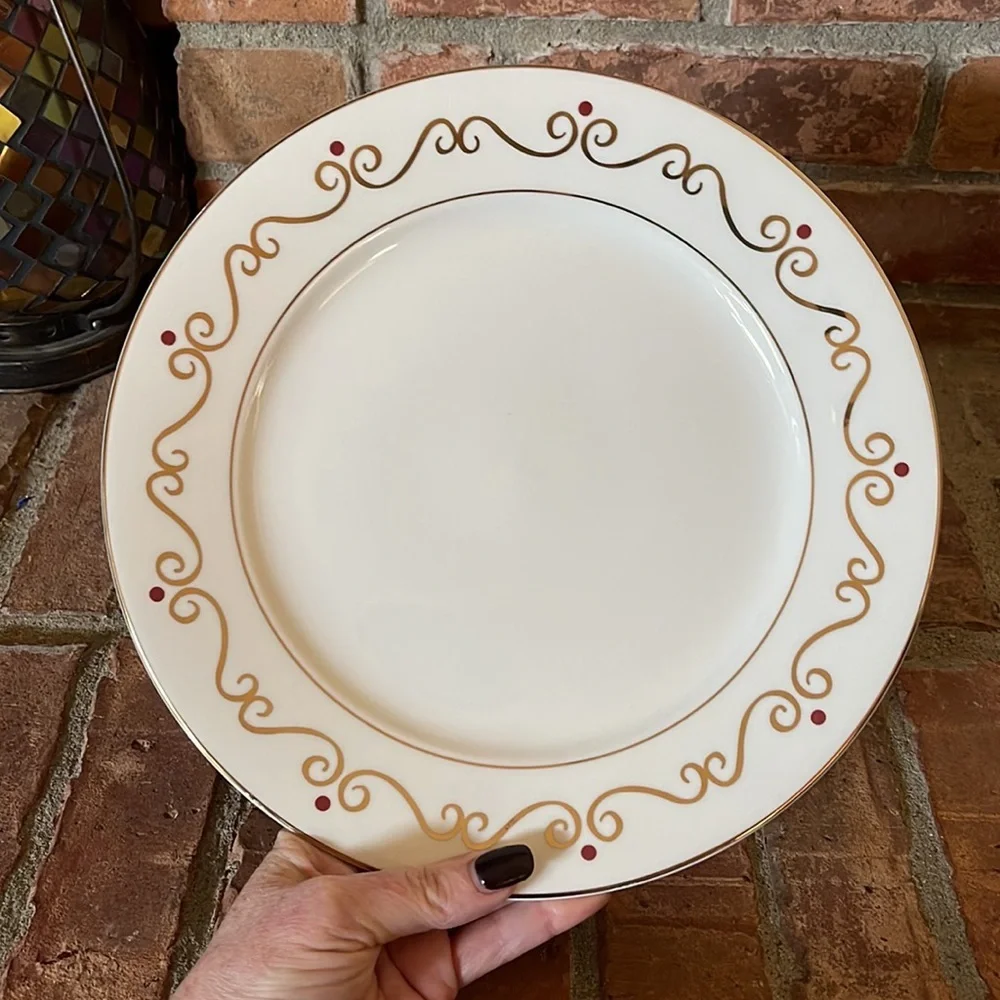 Pier 1 Holiday Scroll Gold Rimmed Porcelain Plates Set of 2